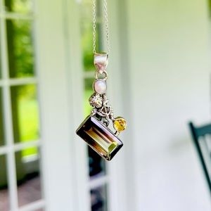 Smoky Quartz w/ Mother of Pearl & Citrine Cupid Pendant In 925 Sterling Silver.